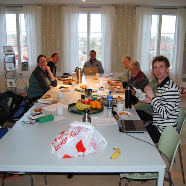 8 personer sitter runt ett bord i en konferenslokal